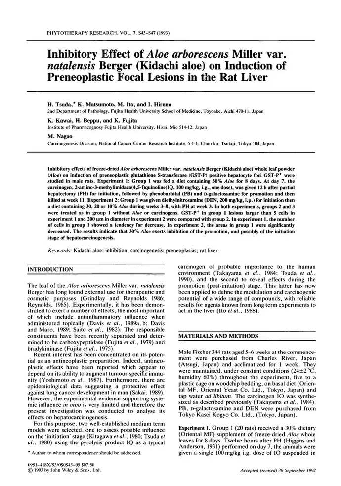 Inhibitory effect of Aloe arborescens Miller var. natalensis Berger  (Kidachi aloe) on induction of preneoplastic focal